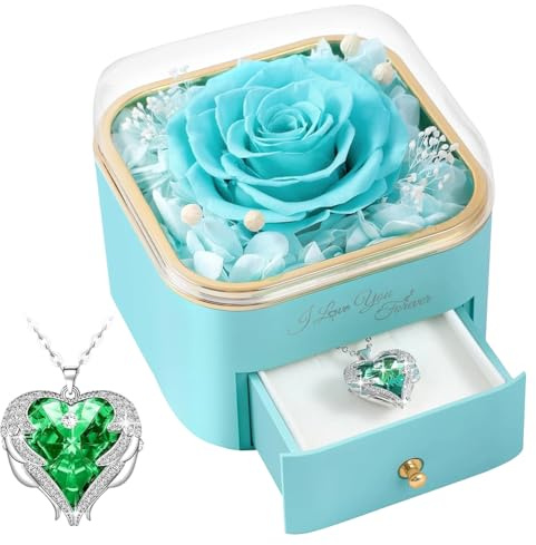 Piashow Geschenk für frau, Ewige Rose mit Halskette, Valentinstag für Mama Frau, Rosenbox Zum Muttertag Hochzeitstag Geburtstag (Hellblau)