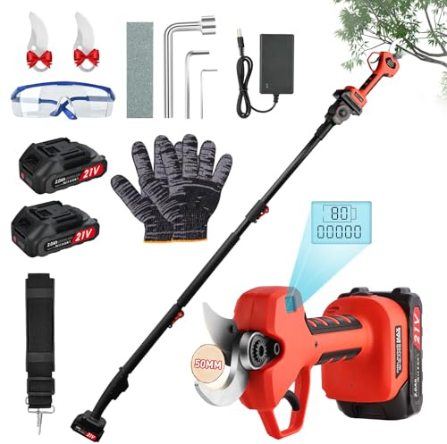 50mm Tijeras De Podar Electricas con 2 metros perca telescópica: Tijera podar telescopica 50-25mm Ajustables Hoja SK7 con 2 baterías de 21 V/2000 mAh - Tijeras de Podar Bateria Jardinería Olivos