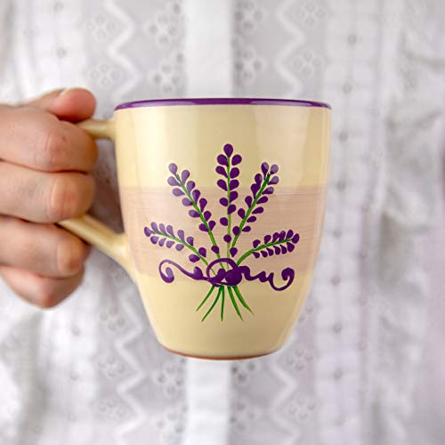 City to Cottage® Cerámica en Morado y Crema | Patrón Lavanda | Hecha y Pintada a Mano | Cerámica Esmaltada 10 oz/300 ml | Taza Grande Tazón con Asa para Chocolate Caliente Café Té | Regalo