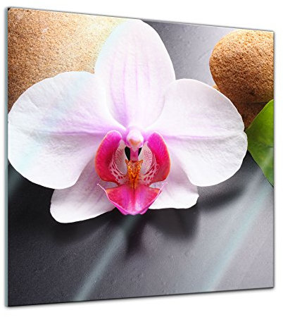 Bilderdepot24 Glasbild - Zen Steine und Orchidee - 50 x 50 cm - Deko Glas - Wandbild aus Glas - Bild auf Glas - moderne Glasbilder - Glasfoto - Echtglas - kein Acryl - Handmade