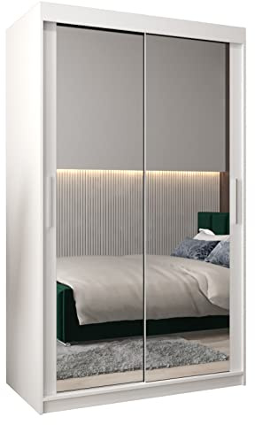 MEBLE KRYSPOL Tokyo 3 120 Schlafzimmerschrank mit Zwei Schiebetüren, Spiegel, Kleiderstange und Regalen – 120x200x62cm - Mattweiß