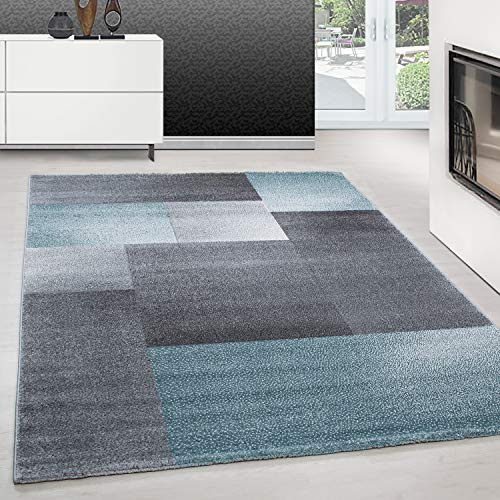 Teppium Moderner Kurzflor Teppich Läufer Flur 80 x 150 cm Blau - Teppich Waschbar, Kariertes Design, Pflegeleicht und Weich - Ideal als Bettvorleger im Schlafzimmer und Küchenläufer