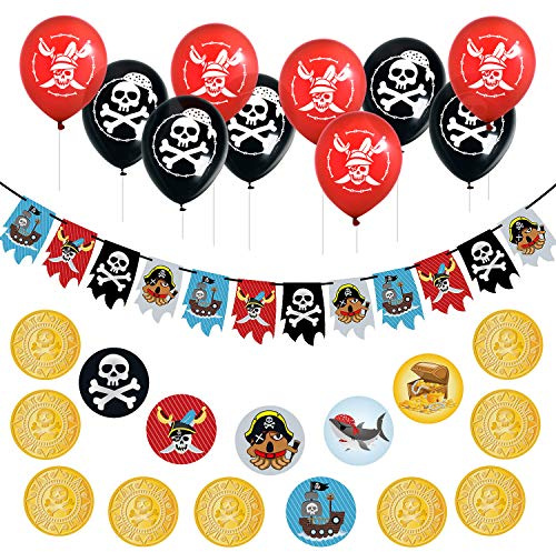 Oblique Unique® Piraten Party Kindergeburtstag Deko Set - Piraten Girlande + Totenkopf Luftballons + Piraten Konfetti Set