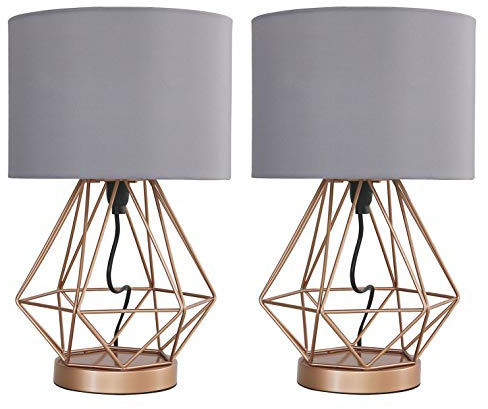 MiniSun | Modern Copper Metal Basket Touch Table Lamps with a Grey Shade | Table Lamps, Home Décor & Improvement Essential | Set of 2 | Includes 5W LED Bulbs [3000K Warm White]
