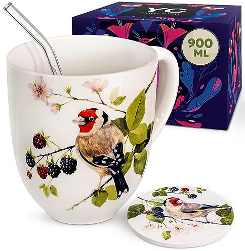 YC YANG CHAI Jumbotazza 900 ml - Tazze da Tè in Porcellana di Ossa - Set XXL con Sottobicchiere - Mug Grande, Tazza Colazione - YC Berry Birdy