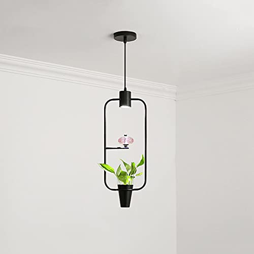GUOGUOSM Northern Europe Single Head LED Chandelier Square Wrought Iron Lamp Stand Macaron Industrial Pendant Lights Vintage Hanging Lamp Ceiling Pendant Lamp Fixture with Green Plant Flowerpot