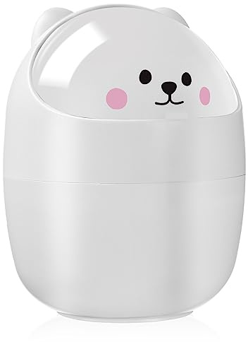 VOSAREA Mini Tisch Mülleimer mit Deckel Cartoon Arbeitsplatte Müll Bin Schreibtisch Papierkorb Kinder Mülleimer für Home Office Weiß