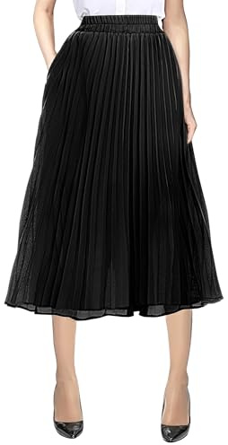 Urban CoCo Women's A Line Elastic Wasit Chiffon Midi Skirt Flare Pleated Skirts with Pockets (Black, L)