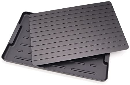 Bandeja de descongelación, descongelación rápida de alimentos congelados, placa de descongelación rápida de carne con bandeja de goteo, alfombrilla de descongelación de metal de aluminio, no requiere