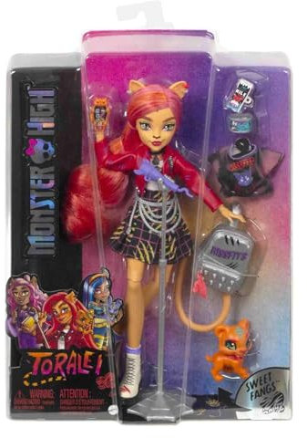 Monster High Toralei HHK57 Poupée de Collection à Rayures avec Animaux de Compagnie et Accessoires Sweet Fangs G3 Reboot, Multicolore