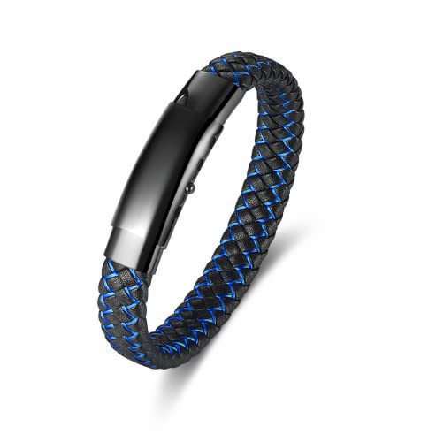 Lwkeay Geschenk für Männer - Herren Armband blau schwarz - Lederarmband - Männer Armband in Farben blau und schwarz- geflochten Echtleder Breites Wickelarmband - 21cm - 22.5cm