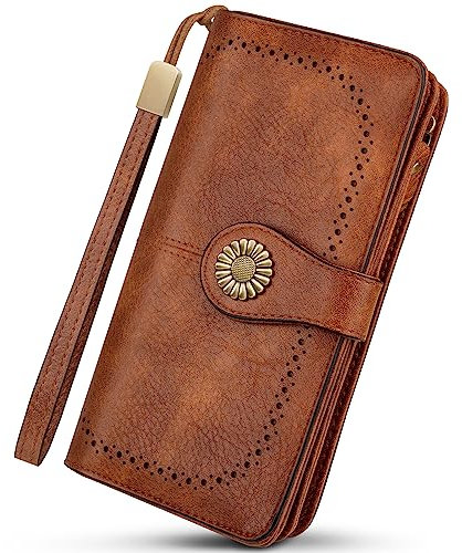 TEUEN Geldbörse Damen Gross mit Viele Fächer, RFID Blocker Portemonnaie PU Leder Geldbeutel Retro Vintageportmonee mit Handyfach und Münzfach Geschenke Für Frauen