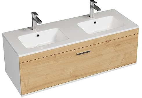 RUBITE Meuble salle de bain double vasque 1 tiroir Chêne largeur 120 cm