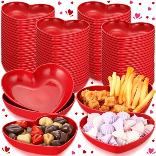 Hushee 100 Pieces 6 Inch Valentine's Day Heart Shaped Side Dishes Bowl Red Dipping Sauces Bowls Plastic Small Heart Shaped Bowl Heart Shaped Plates for Sushi Fruit Appetizer Cake Soy Dessert Seasoning