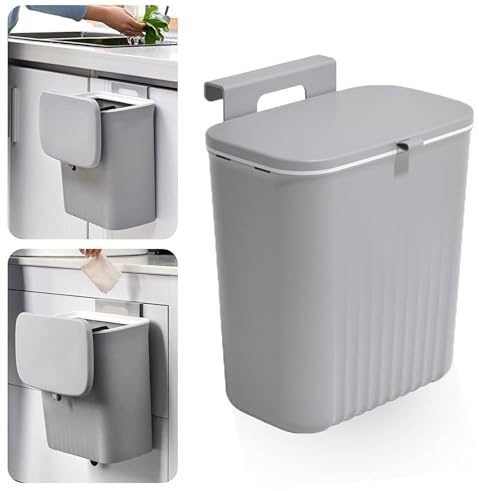 AHAQU 9L Hanging Kitchen Bin, Wall Mounted Trash Can with Lid, Plastic Cupboard Bin, Grey Under Sink Waste Bin for Toilet, Bathroom, Office, Cabinet Door, Bedroom