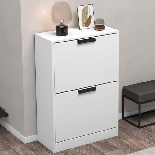 doporro Schuhschrank schmal 60cm 28cm tief 2 Klappen Schuhkipper | Schmaler Schuhschrank mit Kippfächern, Schuhregal matt Weiß für Flur Eingang, Shoe Cabinet, BxTxH:60x28x89cm, Schuhschrank01