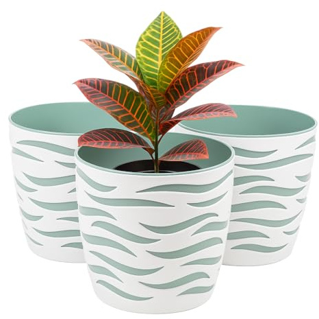 Home Garden Ornaments Plant Pots Indoor, Set of 3 Decorative Flower Pots with Removable Insert, Modern Mix and Match Design (14cm, Green/White)