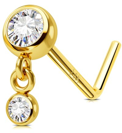 Jewseen 14K Gelbgold Nase Stud CZ Dangle Naseringe L Bend Nase Schraube 20G Nasen Knochen CZ Nase Piercing Schmuck