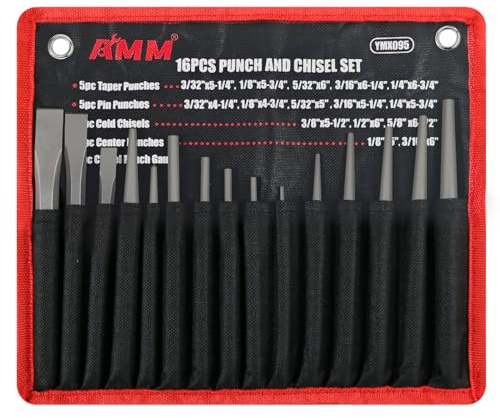 AMM 16PCS Punch and Chisel Set, including Taper Punch, Cold Chisels, Pin Punch and Center Punch, Cr-V, ideal for Working with Wood, Metal, Automotive
