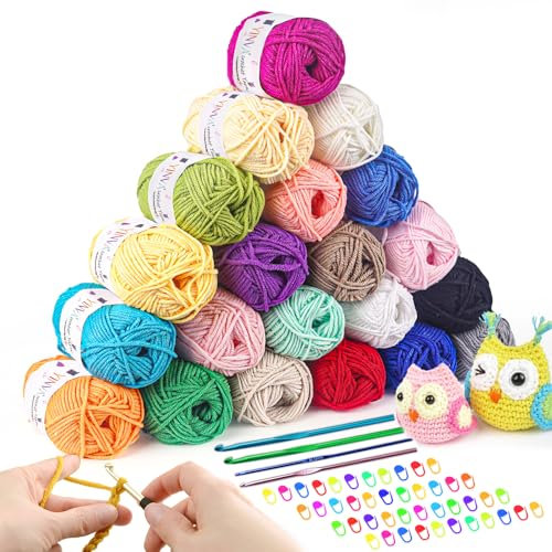 YINVA Häkelgarn 21 Farben 25g Acryl Wolle Zum Häkeln, Dicke Wolle Set für Anfänger, Häkeln Stricken und Handwerk