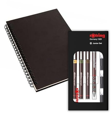 rOtring Isograph S0699320 Junior Set 3 x technische Stifte | 0,20 mm, 0,30 mm, 0,50 mm Fineliner + Zubehör mit Notizbuch