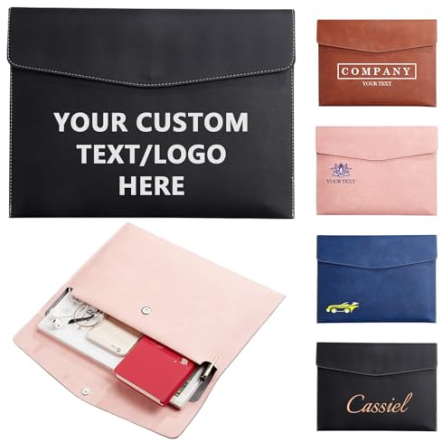 Personalised File Folder Customisable Portfolio with Your Text Logo, PU Leather A4 Document Holder Portfolio Envelope Folder Case