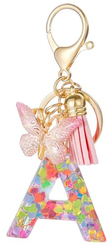Moydolo Schlüsselanhänger Buchstabe mit Schlaufen für Mädchen Damen Frauen, Keychain Aesthetic mit Quasten Rosa Schmetterling Buchstabe Schlüssel Taschenanhänger