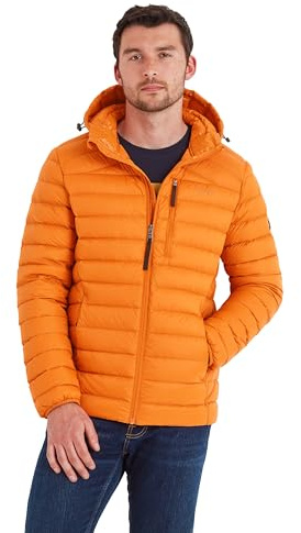 TOG24 North RDS certifierad dunjacka med huva för män ultravarm 90 % ankdun överlägsen isoleringskappa med justerare på huvan packas bekvämt i bröstfickan och fungerar som resekudde, Mörk orange, L