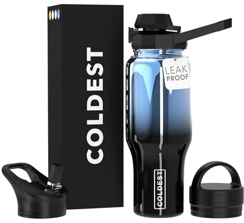 Coldest Sports Water Bottle - 3 in 1 Lids (Chug, Straw, Handle) - Insulated Stainless Steel Tumbler with Handle - Vacuum Water Flask Cup, Valentines Gifts for Him Her (36 oz, Blue Nova)