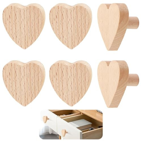 eModwey Bouton de Meuble, 6 Pièces Poignee de Meuble en Forme de Cœur en Bois Massif de Haute Qualité Avec une Texture Naturelle, pour Décoration de Chambre, Cuisine et Salon