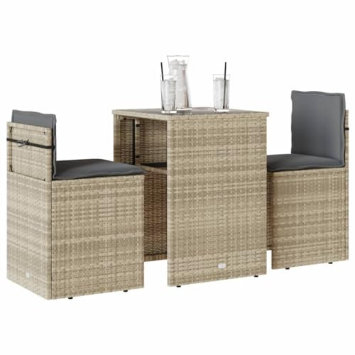 Brokky 3-TLG. Bistro-Set mit Kissen Gartenset Tisch Und StüHle Bistrotisch Outdoor Balkon MöBel Set Hellgrau Poly Rattan - 4003874
