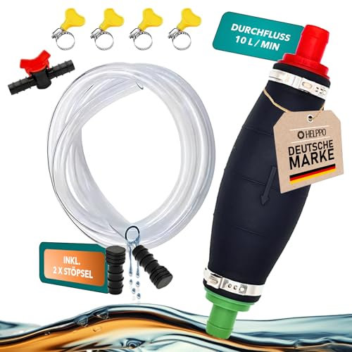 HELPPO Handpumpe zum Umfüllen von Flüssigkeiten wie Benzin, Diesel, Öl, Wasser - XL Umfüllpumpe mit Vakuumfunktion, 2m kraftstoffresistenten PVC-Schlauch inkl. Stöpsel und Flüssigkeitsregler