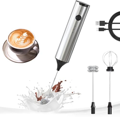 YARRAMATE Espumador de leche de mano recargable de acero inoxidable, batidor eléctrico ajustable de 3 velocidades con 2 batidores de acero inoxidable, mezclador de bebidas para café, latte, capuchino