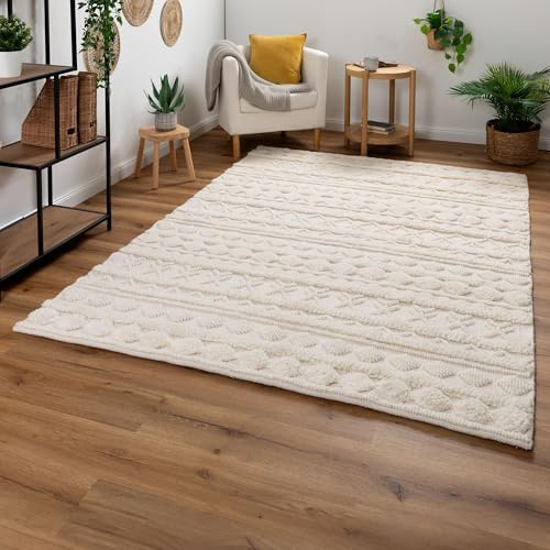 Steffensmeier Handweb Teppich Havana | Wolle, Weiß, handgewebt, Größe: 140x200 cm Wohnzimmer und Schlafzimmer