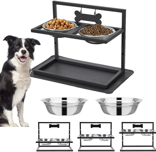 Hundenapf Erhöht, Futterstation Hund mit 2 Edelstahl Hundenäpfe Fressnapf Hund mit Auslaufsichere Matte 15°Neigung Hunde Napfset 3 Höhenverstellbar Schwarz 42x32x20.5cm