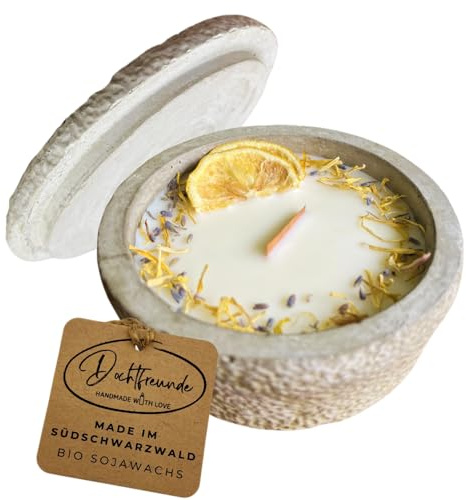 HANDGEMACHT Citronella BETONKERZE - Stilvolle Sojawachskerze für Ihr Zuhause. Outdoor Kerze mit Blütenverzierung und HOCHWERTIGEM Holzdocht