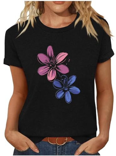 Camiseta Mujer Manga Corta Verano Estampado Floral Cuello Redondo Moda Suelto Casual Túnica Tops Algodón Fiesta Tshirt Camisa Elegante Cómodo Original Basic tee 2026