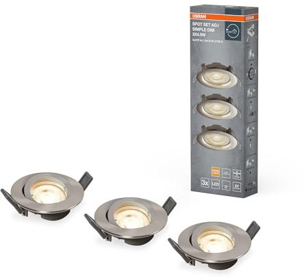 Osram Einbaustrahler-Set stufenlos dimmbar Brushed | Spot Set Adj Simple Dim, Spot lights and ceiling spots, 90 mm dia, 15000 h, 3-Pack