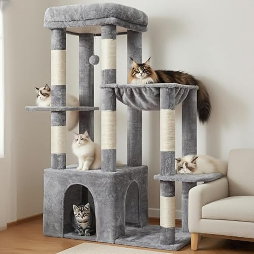 Heybly Rascador para Gatos 120cm - Torre para Gatos Adultos con Base XL, Incluye Múltiples Niveles, Muebles de Peluche, Rascador, Hamaca y Juguete con Bola, Gris Claro HCT026W