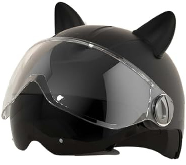 BDBLFLTZ Casco da Moto Jet, Cappello da Moto da Donna con Orecchie di Gatto, Casco da Moto Scooter, Casco Integrale con Doppio Specchio, per Uomo e Donna. Black A