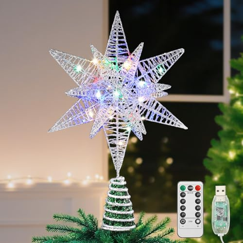 Lewondr Etoile Sapin de Noel, Pointe d'Etoile Hexagonale pour Sapin de Noël Alimenté par Pile/USB avec Lumières LED + Base en Spirale, Decor Noel pour Maison Salon Chambre Jardin, Coloré, Argent Blanc
