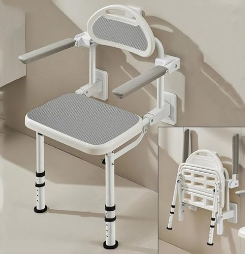 Duschklappsitz Für Wandmontage, höhenverstellbarer Duschhocker mit gepolsterter Sitzfläche und Rückenlehne, für die häusliche Pflege älterer Menschen, Senioren und Schwangere, Behinderte