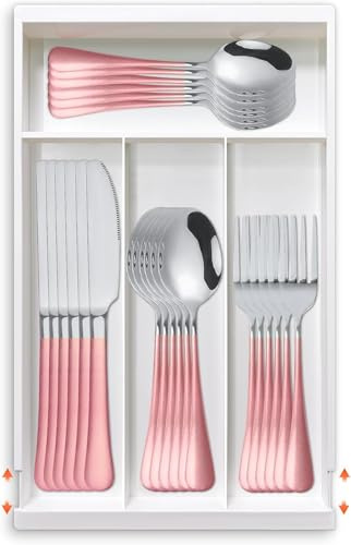 Gilded Silverware Set, 24 Piece Cutlery Set with Holder, Service for 6, Mirror Polished Tableware Set for Home Kitchen (Pink Silver)