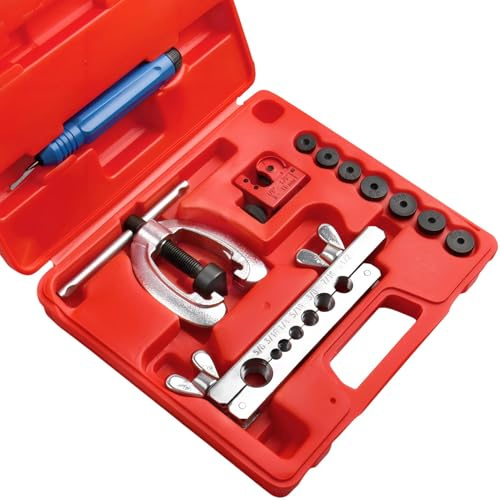 LEONTOOL Kit d'outils de Ligne de Frein Double Simple Professionnel pour l'évasement de la Ligne de Frein, 40,6 cm à 1,6 cm avec Mini Coupe-Tuyau, 7 adaptateurs pour Tubes en cuivre/Aluminium/Laiton