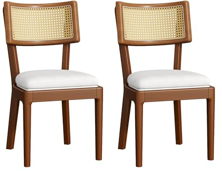 Bladez Juego de 2 sillas de comedor de madera maciza con respaldo de ratán, cómodas y transpirables, adecuadas para comedor, sala de estar, cafés, estilo moderno, cojín de terciopelo, nogal