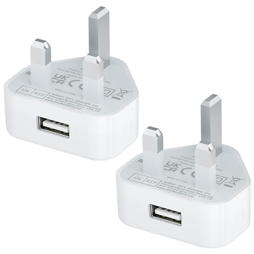 USB Plug UK,USB Charger Plugs Adaptor UK 5W Phone Plugs with USB Port Compact Mains Charge Head with Smart IC 5V 1AMP Charging Compatible with iPhone 13 12 11 SE XS XR X 8 7 6 5,iPad,Watch,2Pack