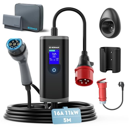 bokman Typ 2 Laddkabel Elbil 11 kW 5m | Med CEE-kontakt & Adapterkabel | 16A 3-fas, 5-polig CEE-kontakt, IP65-box, kompatibel med BEV/PHEV, för hemmet och på resan