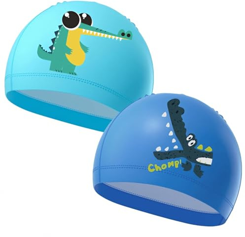 2 Pcs Swimming Cap Kids Fabric Swimming Hat Stretchy Comfortable Anti Slip Swim Cap for Toddler Childrens Boys Girls Teens Age 4-10, Blue