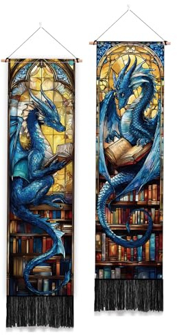 PLIGREAT 2 Packung Mittelalterlicher Blauer Drachen Wandteppich Vintage Wandteppich „Lesender Drache“ Mit Quasten Lang Vertikal Ästhetisch Für Schlafzimmer Wohnzimmer Bücherliebhaber