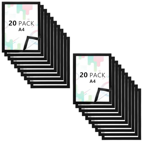 MIVIDE 20 Stück Magnetrahmen A4 Info-Rahmen Selbstklebend mit Magnetverschluss, Magnetrahmen A4, Doppelseitiges Selbstklebender Magnetischer Rahmen für Dokumente, Fotos, Poster (Schwarz)